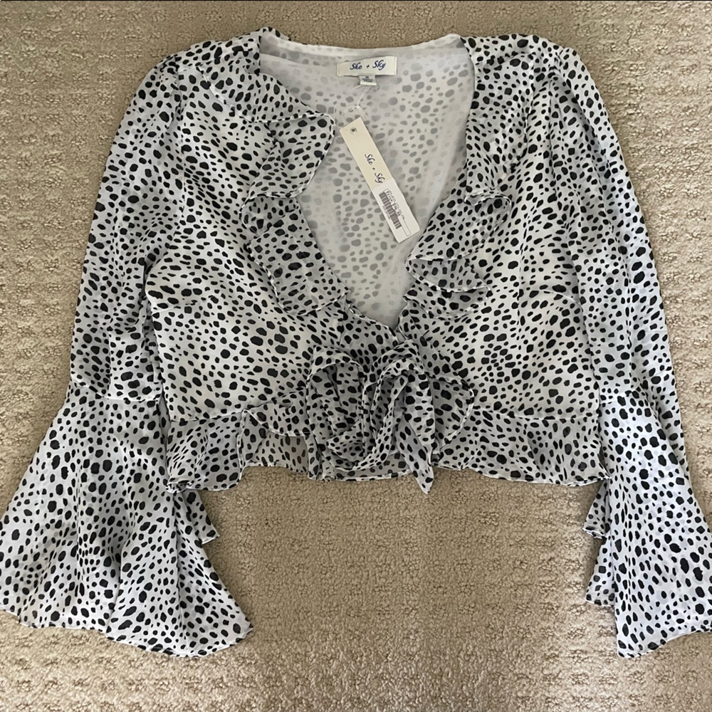 She+Sky white print ruffle neck top
